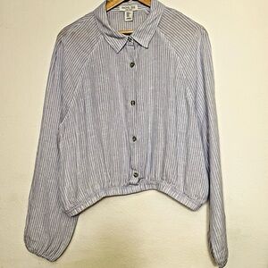 Rachel Zoe Size XL Puff Long Sleeve 100% Linen Button-Up Crop Top Blouse Coastal